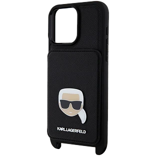 Lagerfeld для iPhone 15 Pro Max чехол Crossbody cardslot PU Saffiano Metal Karl Head Hard Black