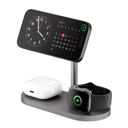 Беспроводное зарядное устройство uBear Stage Ultra, 3-в-1, с поддержкой MagSafe, Qi2.2 (35W), серый космос