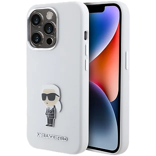 Lagerfeld для iPhone 15 Pro чехол Liquid silicone NFT Karl Ikonik metal pin Hard White Lagerfeld для iPhone 15 Pro чехол Liquid silicone NFT Karl Ikonik metal pin Hard White