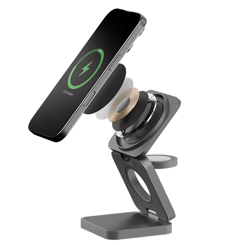 Беспроводное зарядное устройство uBear Balance Ultra, 3-в-1, с поддержкой MagSafe, Qi2.2 (35W), серый космос