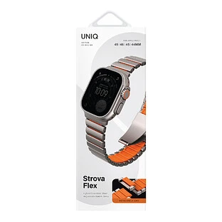Uniq для Apple Watch 49/46/45/44 mm ремешок Strova Flex Steel Band Titanium Silver/Volt Orange