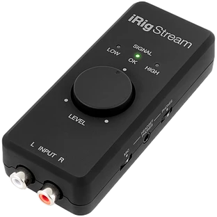 Streaming audio interface for iOS, Mac/PC. RCA stereo input. TRRS headphone out with integrated mic input. MONO switch. Loopback switch. 24-bit, 96kHz.