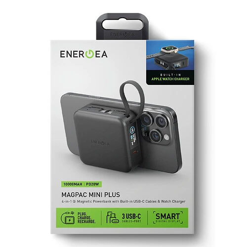 Аккумулятор внешний Energea MagPac MINI Plus (ССС), 10000 mAh Magnetic wireless 15W +С 20W +2C cables and Display Black
