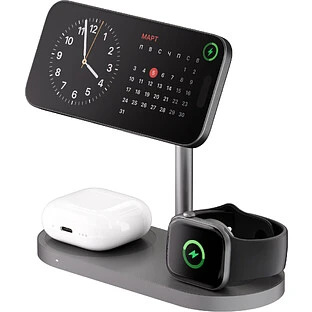Беспроводное зарядное устройство uBear Stage Ultra, 3-в-1, с поддержкой MagSafe, Qi2.2 (35W), серый космос