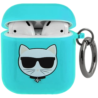 Чехол Lagerfeld для Airpods 1/2 TPU FLUO with ring Choupette Transp Blue