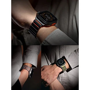 Uniq для Apple Watch 49/46/45/44 mm ремешок Strova Flex Steel Band Titanium Silver/Volt Orange