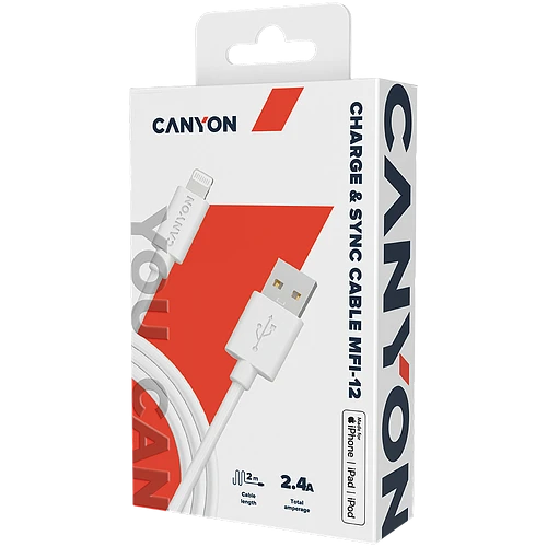 Кабель Canyon USB-A - Lightning MFI, 2м, Белый