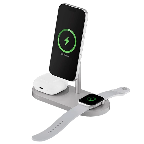 Беспроводное зарядное устройство uBear Stage Ultra, 3-в-1, с поддержкой MagSafe, Qi2.2 (35W), серебристый