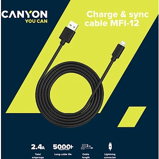 Кабель Canyon USB-A - Lightning MFI, 2м, Белый