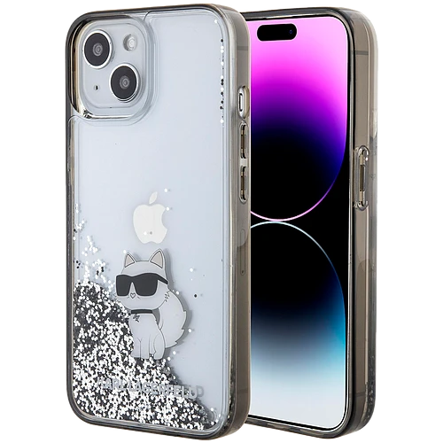 Чехол LAGERFELD Liquid Glitter NFT Choupette Hard Прозрачный чёрный для iPhone 15