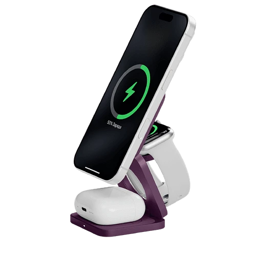 Беспроводное зарядное устройство uBear Balance Slim, 3-в-1, с поддержкой MagSafe, Qi2.2, цвет: бургунди