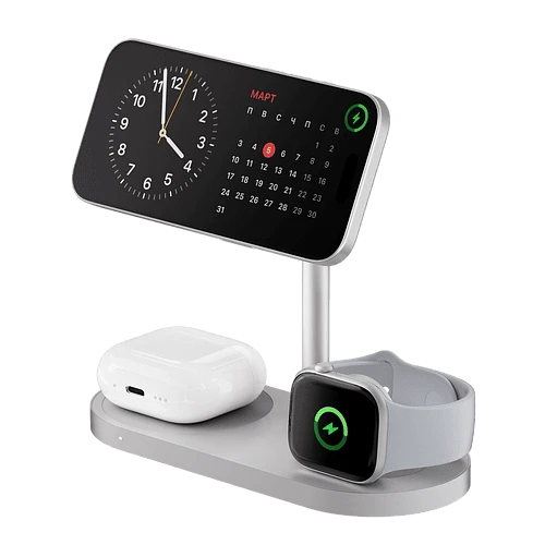 Беспроводное зарядное устройство uBear Stage Ultra, 3-в-1, с поддержкой MagSafe, Qi2.2 (35W), серебристый