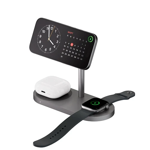 Беспроводное зарядное устройство uBear Stage Ultra, 3-в-1, с поддержкой MagSafe, Qi2.2 (35W), серый космос