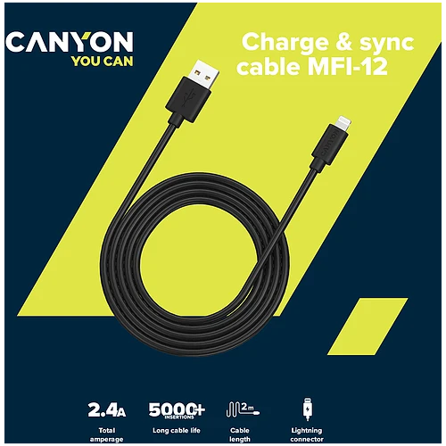 Кабель Canyon USB-A - Lightning MFI, 2м, Белый