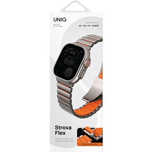Uniq для Apple Watch 49/46/45/44 mm ремешок Strova Flex Steel Band Titanium Silver/Volt Orange