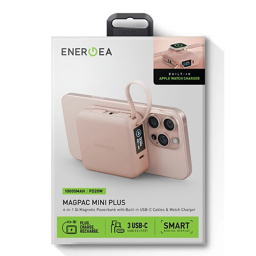 Аккумулятор внешний Energea MagPac MINI Plus (ССС), 10000 mAh Magnetic wireless 15W +С 20W +2C cables and Display Pink