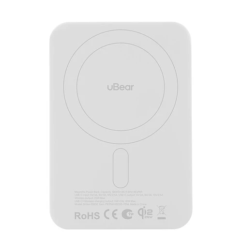 Внешний аккумулятор uBear Strike Power bank 10 000 mAh, PD30W, Qi2.2, белый