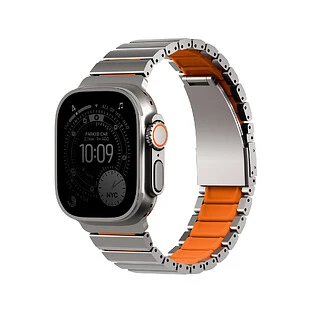 Uniq для Apple Watch 49/46/45/44 mm ремешок Strova Flex Steel Band Titanium Silver/Volt Orange